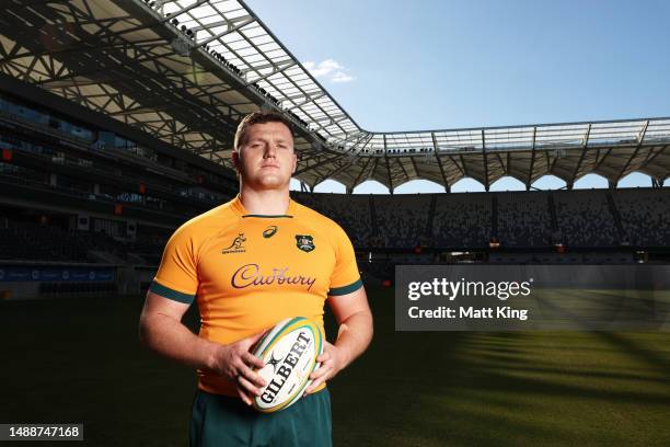 Angus Bell of the Wallabies poses during a Wallabies media opportunity at CommBank Stadium on May 10, 2023 in Sydney, Australia.