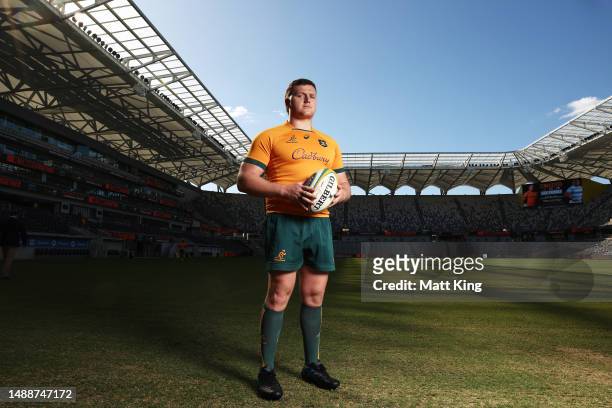 Angus Bell of the Wallabies poses during a Wallabies media opportunity at CommBank Stadium on May 10, 2023 in Sydney, Australia.