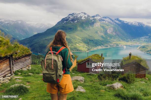 rear view of happy woman contemplating summer rural landscapes of norway - hygge stockfoto's en -beelden