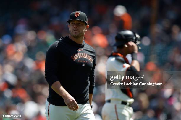 Pitching coach Andrew Bailey of the San Francisco Giants looks on during the game against the Milwaukee Brewers at Oracle Park on May 07, 2023 in San...