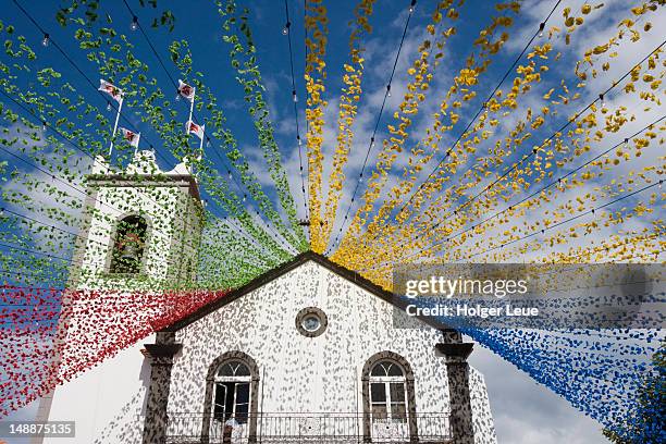 ponta delgada church with festival decoration. - ponta delgada stock pictures, royalty-free photos & images