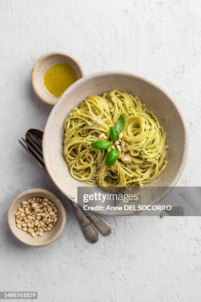 basil pesto pasta plate with parmesan cheese - pistou photos et images de collection