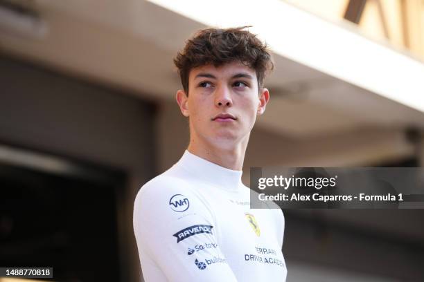 Oliver Bearman of Great Britain and PREMA Racing looks on during day one of Formula 2 Testing at Circuit de Barcelona-Catalunya on May 10, 2023 in...