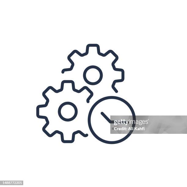 clock with gear thin line icon - customized solutions stock illustrations