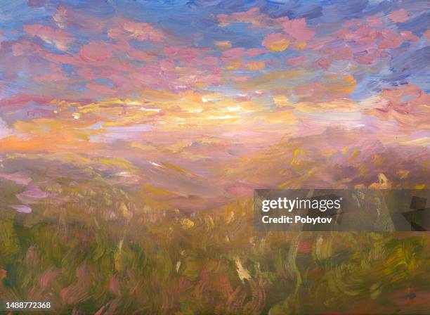 sunset in the mountain valley - mountain oil painting stock illustrations