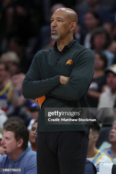 Head coach Monty Williams of the Phoenix Suns watches as his team plays the Denver Nuggets in the first quarter during Game Five of the NBA Western...