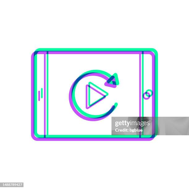 replay on tablet pc. icon with two color overlay on white background - play button overlay stock illustrations