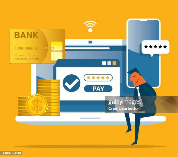 ilustraciones, imágenes clip art, dibujos animados e iconos de stock de banca en línea - laptop - onlinebanking