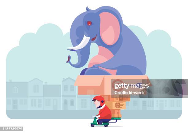 illustrations, cliparts, dessins animés et icônes de courrier transportant un carton d’éléphant sur scooter - delivery bike