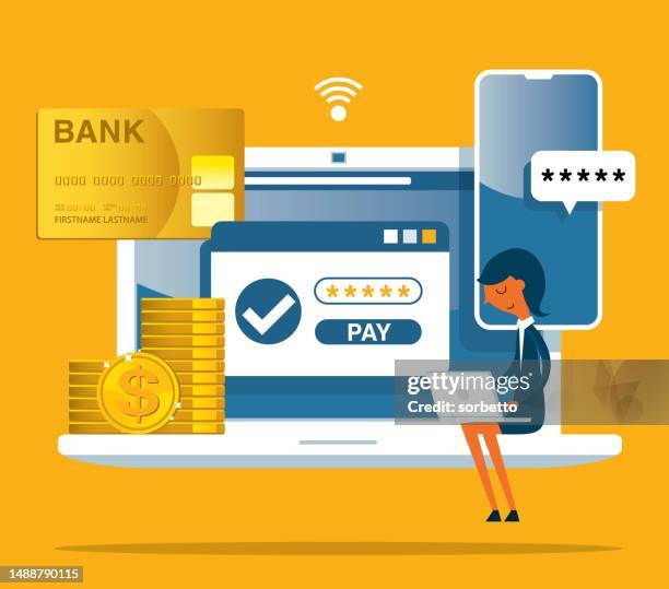 ilustraciones, imágenes clip art, dibujos animados e iconos de stock de banca en línea - laptop - empresaria - onlinebanking