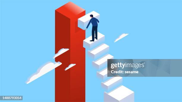 self-improvement, career planning, building ladders of success, bridging gaps to reach higher goals and steps, isometric businessmen building steps to try to get to higher places from lower places - higher return stock illustrations