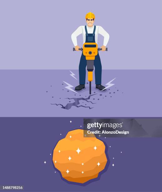 worker with jackhammer. worker digging to find gold. - jackhammer stock illustrations