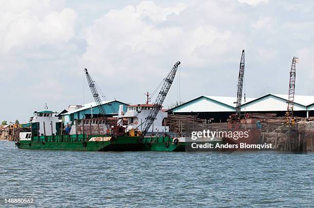timber barges docked by sawmill on batang rejang river near sibu. - sibu river stock pictures, royalty-free photos & images