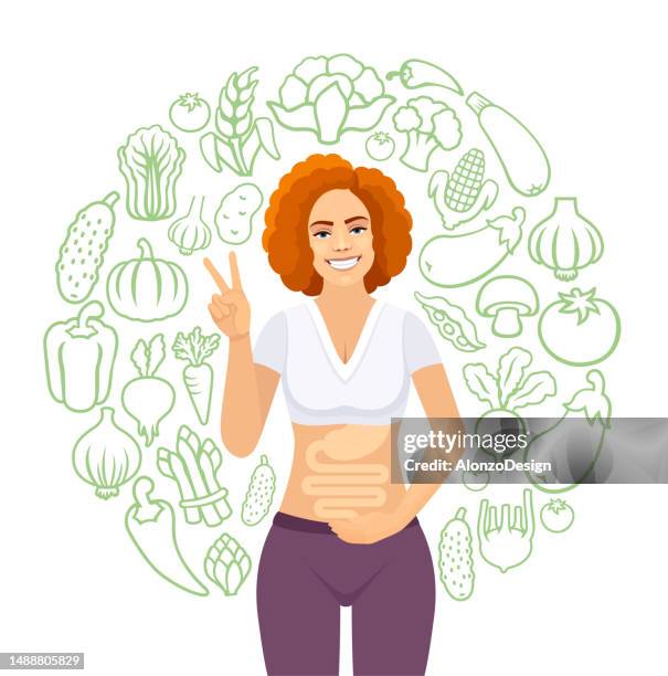 stockillustraties, clipart, cartoons en iconen met happy woman with balanced gut flora and making a peace gesture. fresh organic vegetables background. - diarrhea