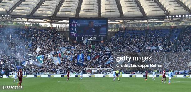 General view of Curva Nord of SS Lazio's fans during the Serie A match between SS Lazio and Torino FC at Stadio Olimpico on April 22, 2023 in Rome,...