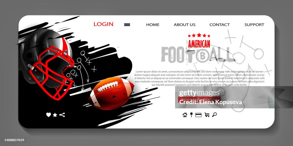Página web o plantilla de juego de fútbol americano en estilo realista. Balón y casco deportivo protector para rugby sobre fondo blanco.