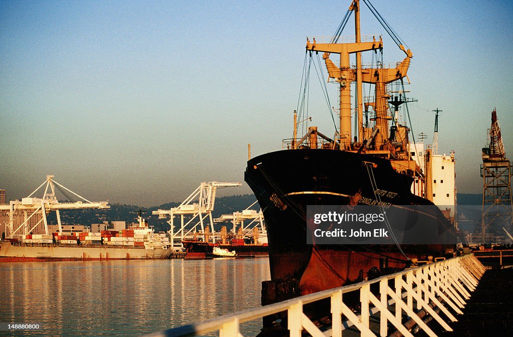 Ship in Inner Harbor channel, Port of Oakland.