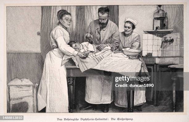 ilustraciones, imágenes clip art, dibujos animados e iconos de stock de cura de difteria de emil von behring, médico y enfermeras dando una inyección a un niño, historia victoriana de la medicina, década de 1890, siglo 19 - estilo siglo xix
