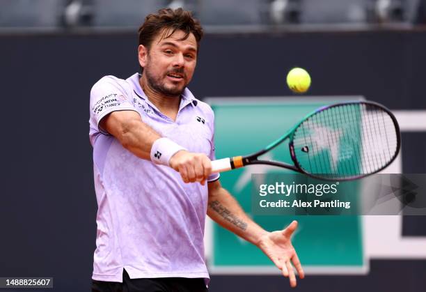 Stan Wawrinka of Switzerland plays a backhand during the round of 128 match against Ilya Ivashka at Foro Italico on May 10, 2023 in Rome, Italy.