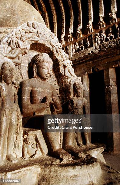 buddha statues and frieze in cave 10 at viswakarma or carpenter's cave. - ellora stock pictures, royalty-free photos & images