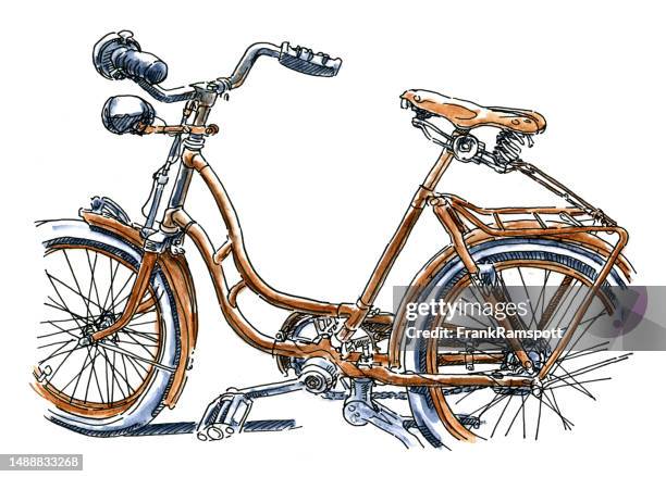 ilustraciones, imágenes clip art, dibujos animados e iconos de stock de dibujo de bicicleta de mujer oxidada antigua - color wheel watercolor