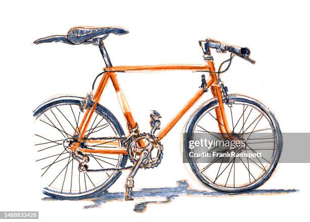 ilustraciones, imágenes clip art, dibujos animados e iconos de stock de dibujo a lápiz de color naranja racing bike - color wheel watercolor