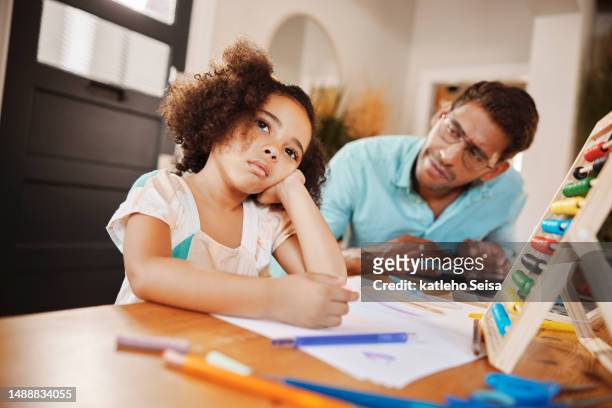bored, father and girl learning studying or homeschooling with autism, adhd and dyslexia in interracial family. problems, worried and dad with kid thinking of homework in child development education - adhd stockfoto's en -beelden