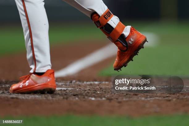 Detailed view of Under Armour baseball cleats are seen at Oriole Park at Camden Yards on May 9, 2023 in Baltimore, Maryland.