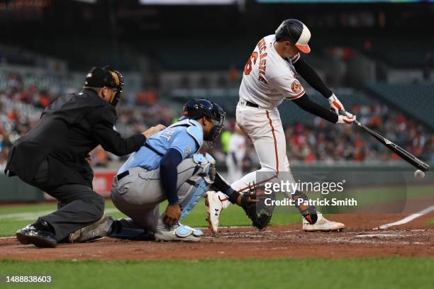 Ryan Mountcastle of the Baltimore Orioles bats against the Tampa Bay Rays at Oriole Park at Camden Yards on May 9, 2023 in Baltimore, Maryland.
