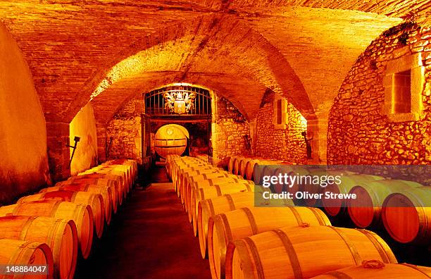 cellar of chateau de-la-nerthe. - chateauneuf du pape stock pictures, royalty-free photos & images