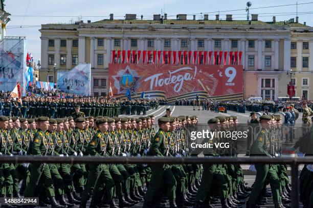 Soldiers march during the Victory Day military parade to commemorate the 78th anniversary of the Soviet Union's victory in the Great Patriotic War at...