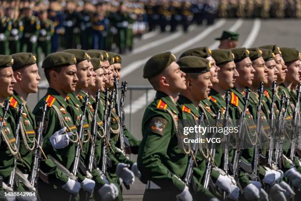 Soldiers march during the Victory Day military parade to commemorate the 78th anniversary of the Soviet Union's victory in the Great Patriotic War at...