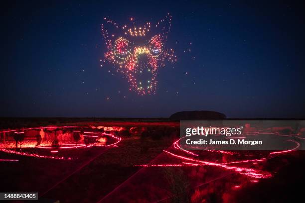 Scene from the global launch of Wintjiri Wiru depicting an evil spirit shape shifting into Kurpany, the devil dog on May 10, 2023 in Uluru,...
