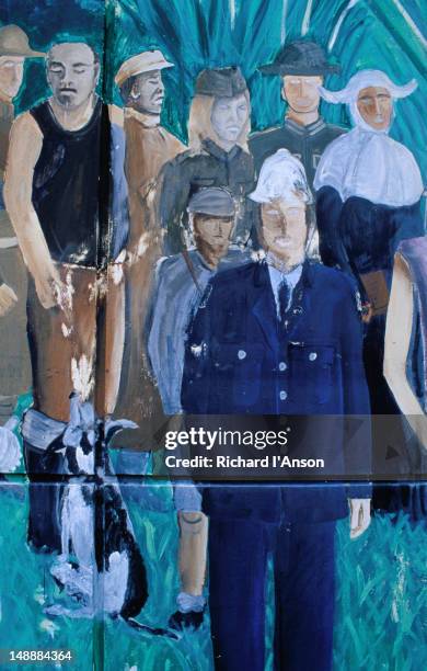 detail of mural on town building. - rotorua town stock illustrations