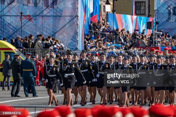 Soldiers march during the Victory Day military parade to commemorate the 78th anniversary of the Soviet Union's victory in the Great Patriotic War at...