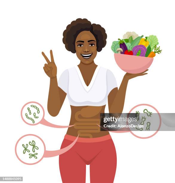 african american woman holding a bowl full of fresh organic vegetables. happy woman with balanced gut flora and making a peace gesture. - woman intestine stock illustrations