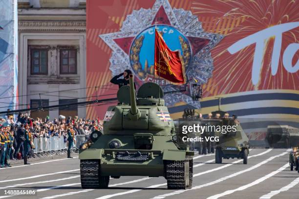 Military vehicles parade during the Victory Day military parade to commemorate the 78th anniversary of the Soviet Union's victory in the Great...