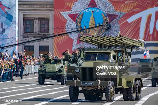 Military vehicles parade during the Victory Day military parade to commemorate the 78th anniversary of the Soviet Union's victory in the Great...