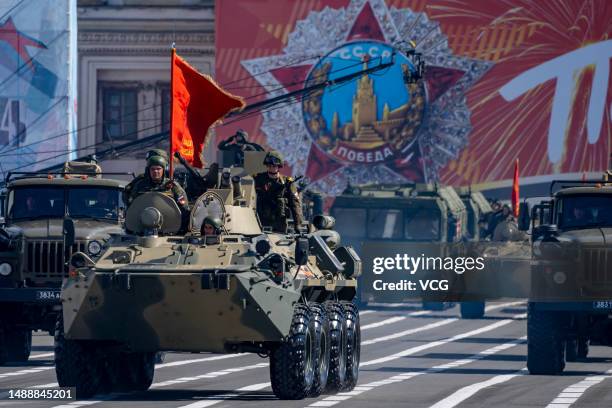 Military vehicles parade during the Victory Day military parade to commemorate the 78th anniversary of the Soviet Union's victory in the Great...