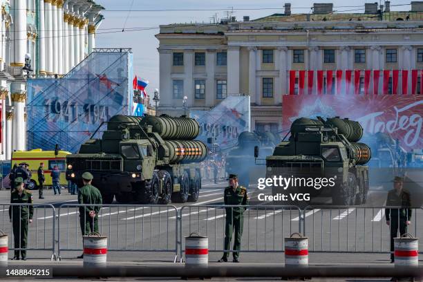 Military vehicles parade during the Victory Day military parade to commemorate the 78th anniversary of the Soviet Union's victory in the Great...