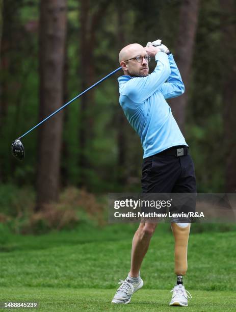 Kyle Erickson of the USA tees off on the 1st hole during Day One of The G4D Open on the Duchess course at Woburn Golf Club on May 10, 2023 in Woburn,...