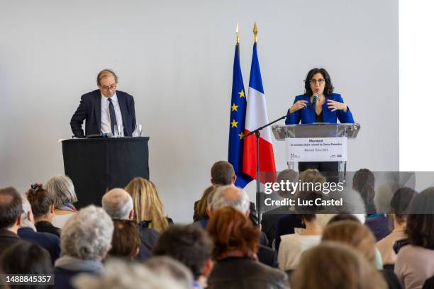 President of Centre Pompidou, Laurent Le Bon and French Minister of Culture Rima Abdul Malak attend the Press Conference to announce that the Centre...