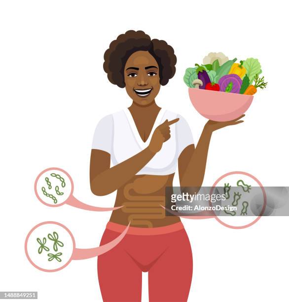 african american woman showing a bowl full of fresh organic vegetables. happy woman with balanced gut flora. - woman beauty body care stock illustrations