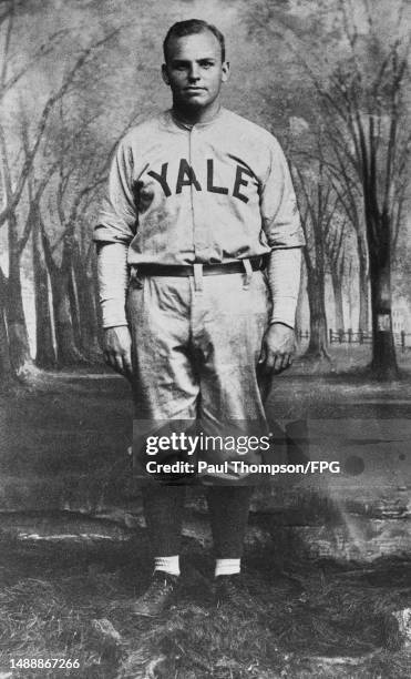 American baseball player GL Corey, captain of the Yale University baseball team, in full kit, location unspecified, United States, 1911.
