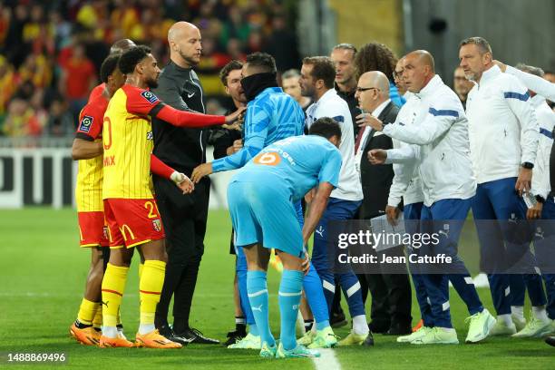 Scuffle between players of Lens and Marseille during the Ligue 1 Uber Eats match between RC Lens and Olympique de Marseille at Stade Bollaert-Delelis...