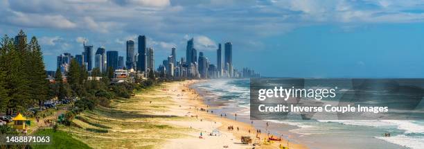 top view panorama scene of gold coast skyline and cityscape, group of luxury buildings and crowed of tourist at burleigh beachin gold coast - 360 vr stock pictures, royalty-free photos & images