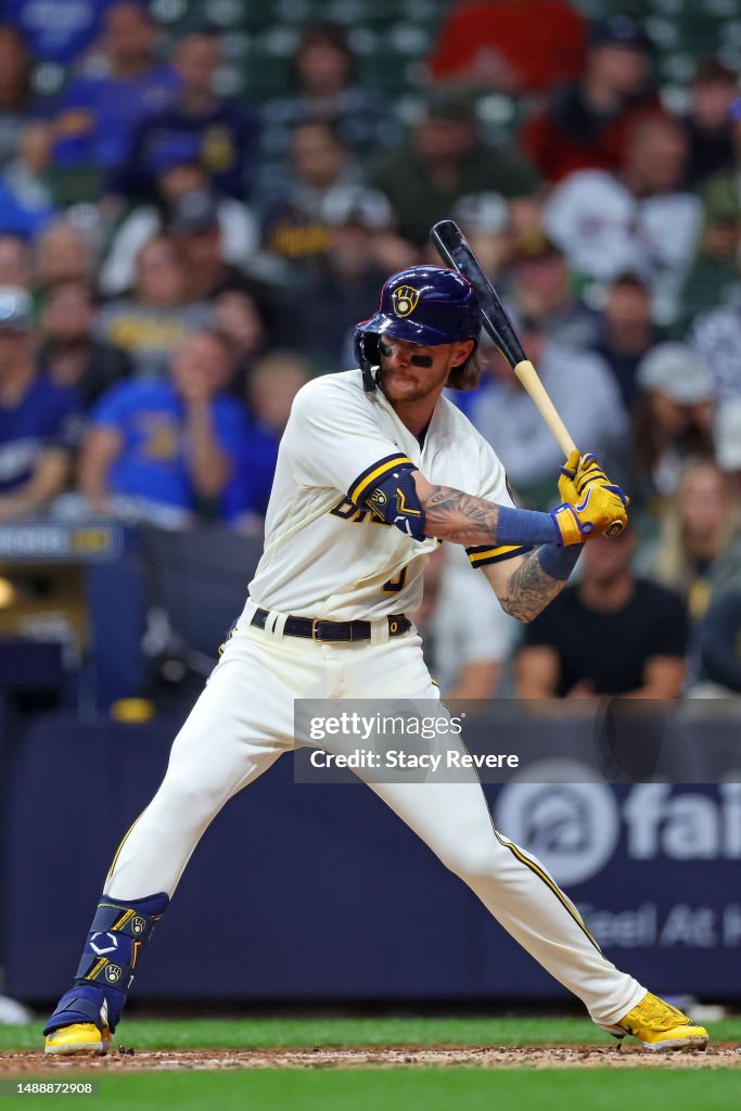 Brice Turang of the Milwaukee Brewers at bat during a game against ...