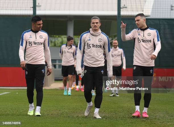 Of Manchester United in action during a first team training session at Carrington Training Ground on May 10, 2023 in Manchester, England.
