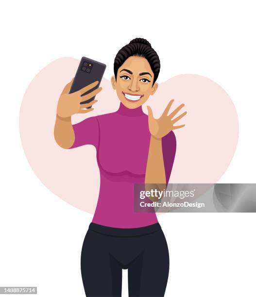 selfie photo of a beautiful indian woman. young woman is taking a selfie. maintaining social networks. - woman selfie portrait stock illustrations