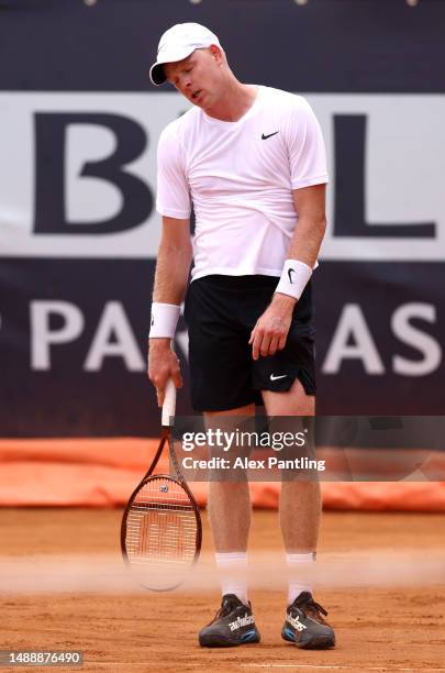 Kyle Edmund of Great Britain reacts in his round of 128 match against Alexandre Muller of France at Foro Italico on May 10, 2023 in Rome, Italy.